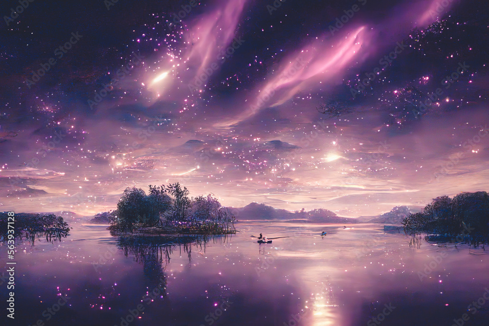 Starry night lake with bright star shine in the sky horizon reflecting on silky lake with splendid n