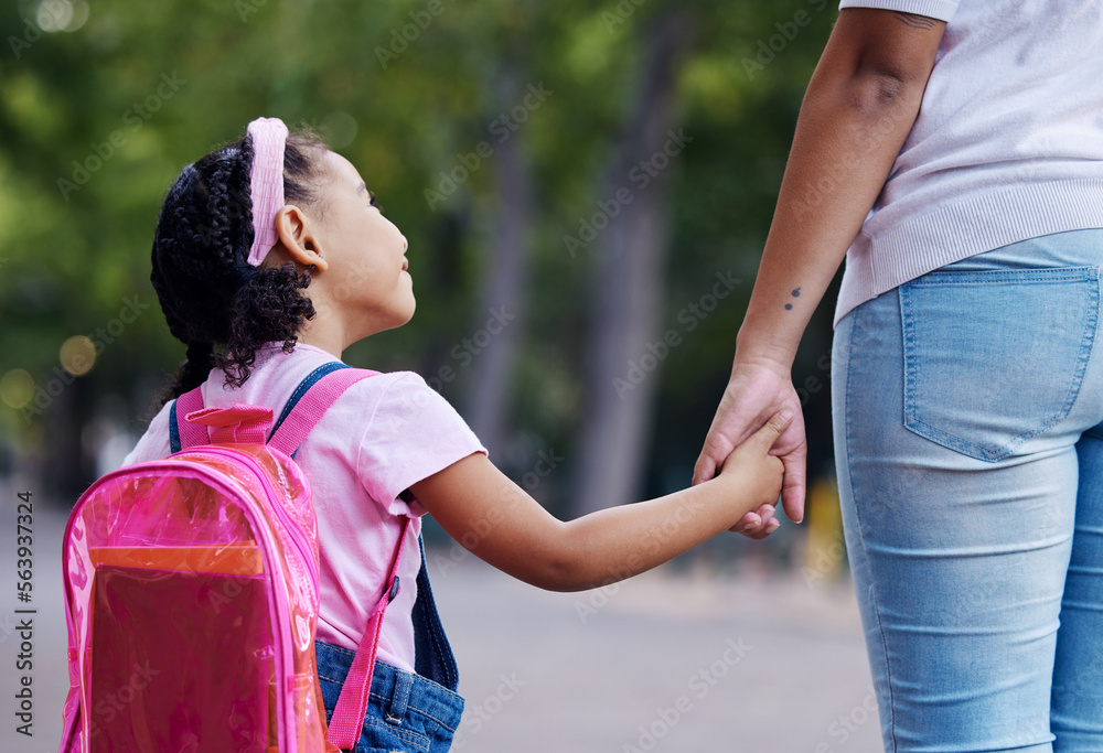 Back, mother and girl holding hands, school and education for learning, bonding or talking. Knowledg