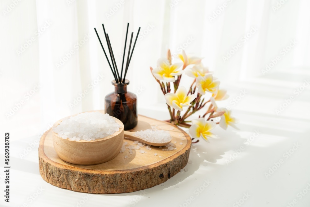 Spa accessory composition set in day spa hotel , beauty wellness center . Spa product are placed in 