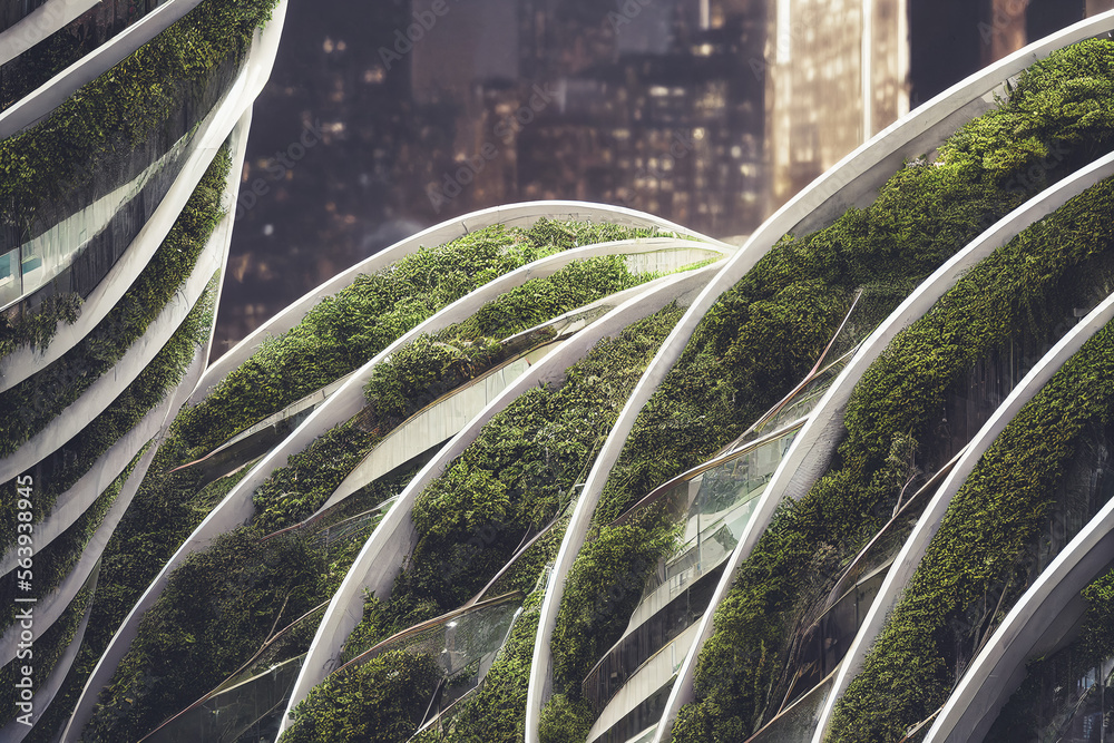 Splendid environmental awareness city with vertical forest concept of metropolis covered with green 