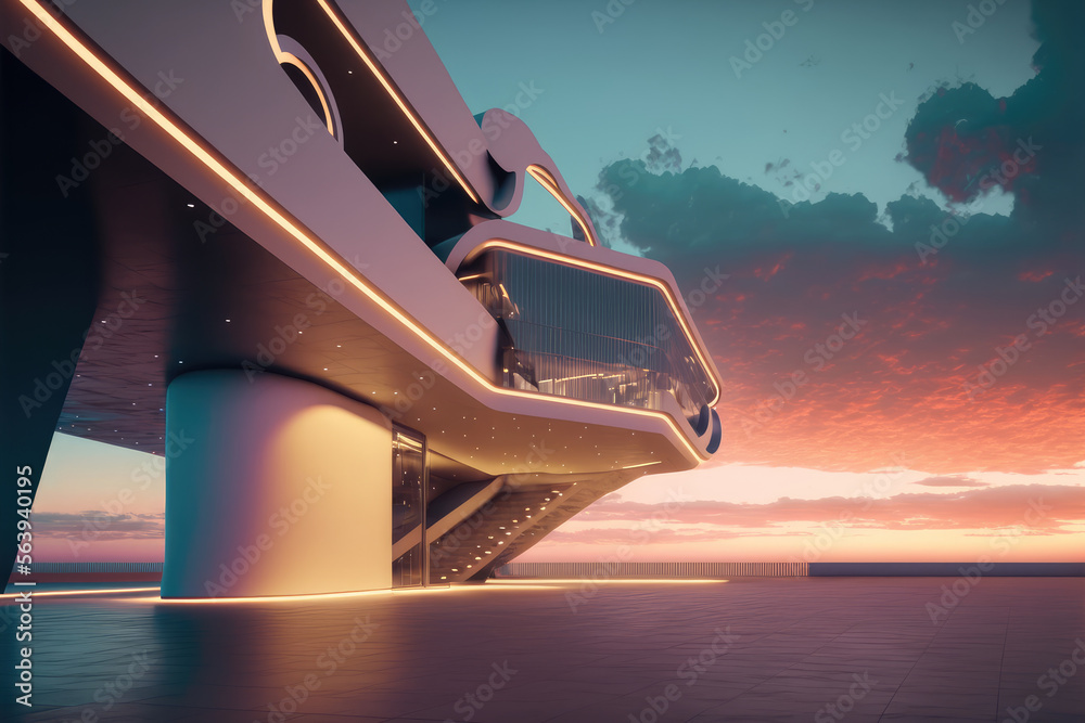 Sunset view of empty balcony floor on corridor of modern building exterior. Peculiar AI generative i