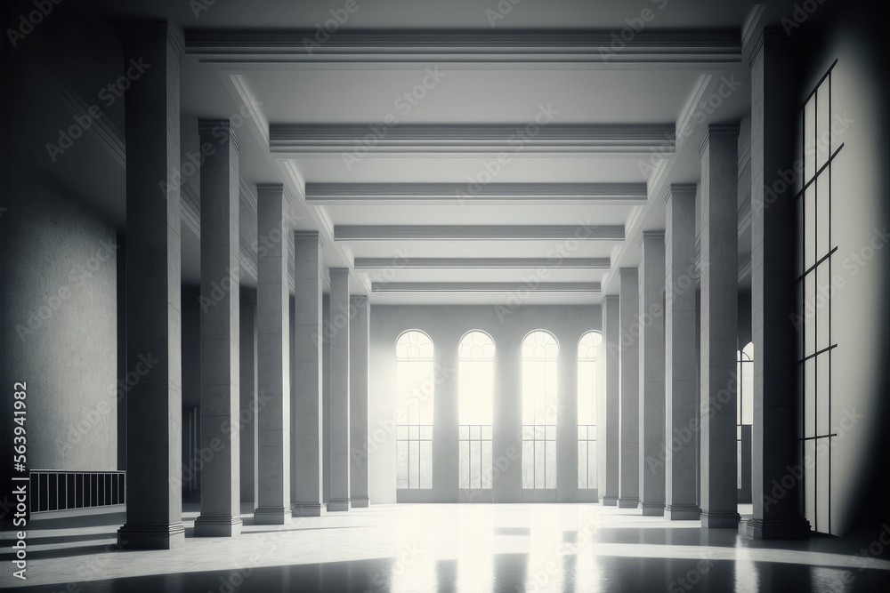 Large hall corridor inside office building background. Peculiar AI generative image.