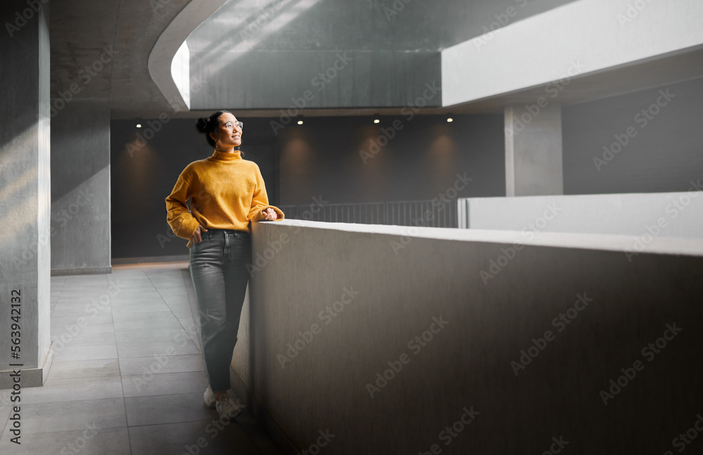 Thinking, mockup and apartment with an asian woman standing in a hallway alone waiting for inspirati