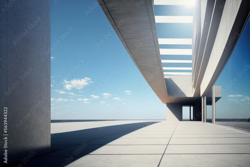 Modern architecture exterior of public hall entrance in urban building outdoor under bright sky with