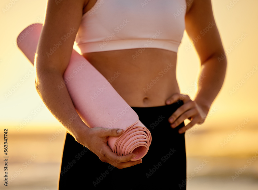 Yoga mat, closeup and woman at a beach for meditation, zen and relax for wellness, exercise and heal