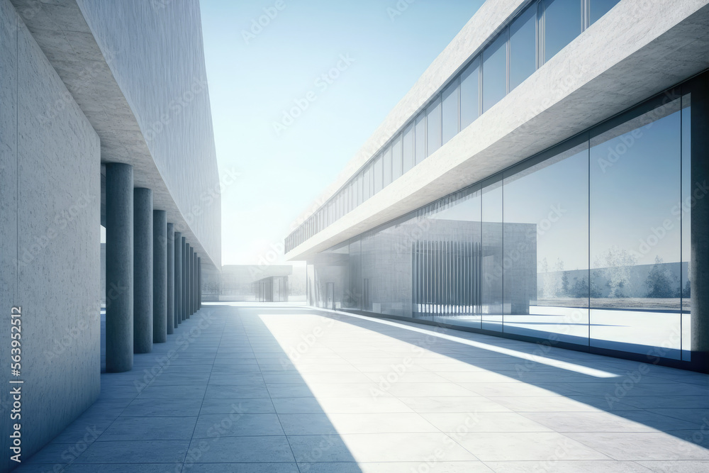 Modern architecture exterior of public hall entrance in urban building outdoor under bright sky with