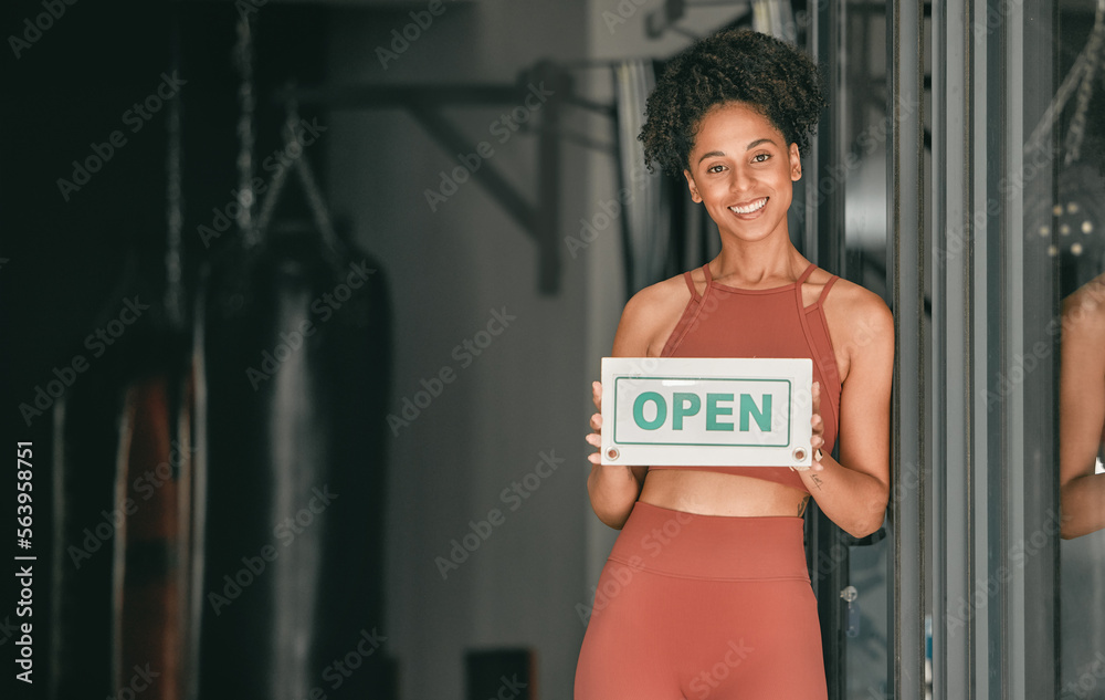 Fitness, portrait or personal trainer at gym with an open sign for workout exercises or training. Ma