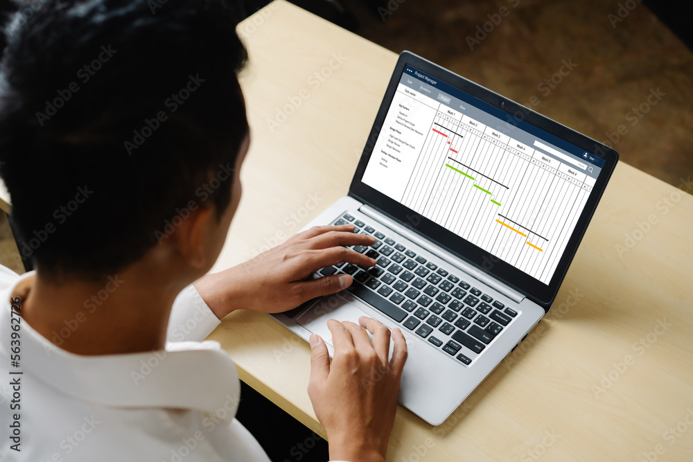 Project planning software for modish business project management on the computer screen showing time