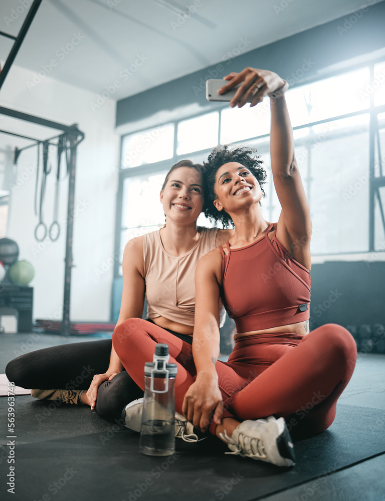 Friends, selfie and fitness with women in gym for workout, social media and wellness blog. Exercise,