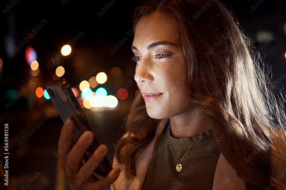 Woman, face or phone in night city, road or street for social media, taxi call or cab searching in L