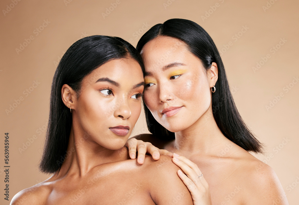 Love of friends or women for skincare, makeup and cosmetics with diversity and inclusion in studio. 