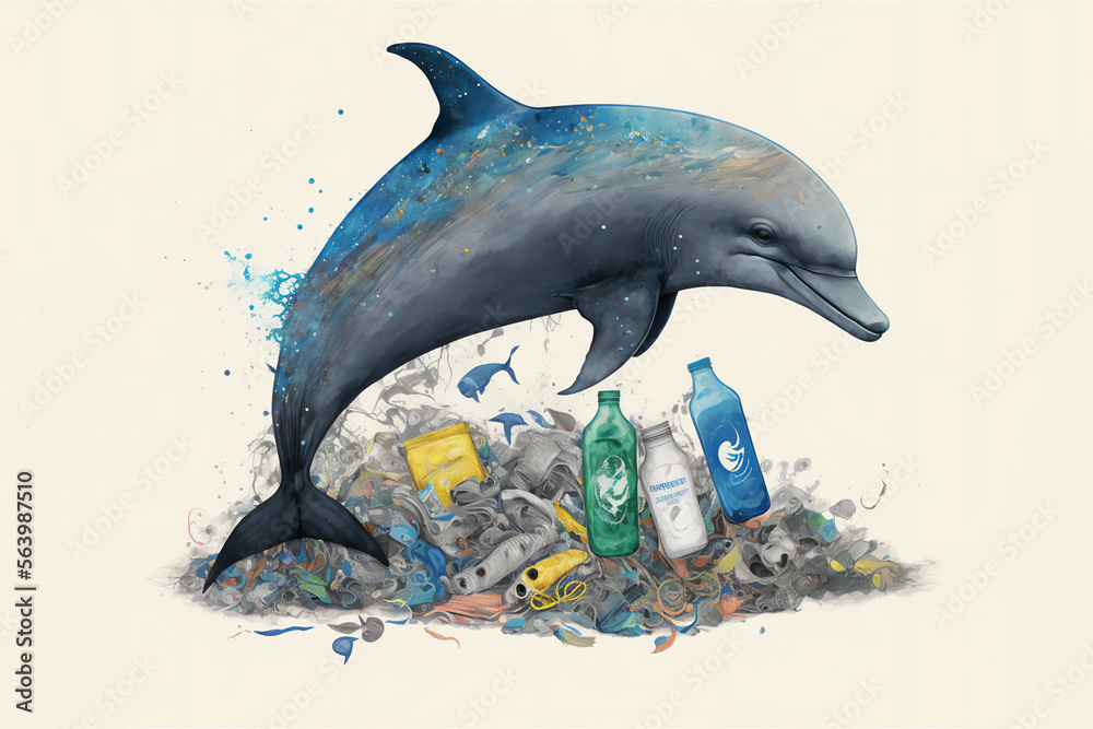 Dolphin over the garbage. Ocean plastic pollution concept. Generative AI