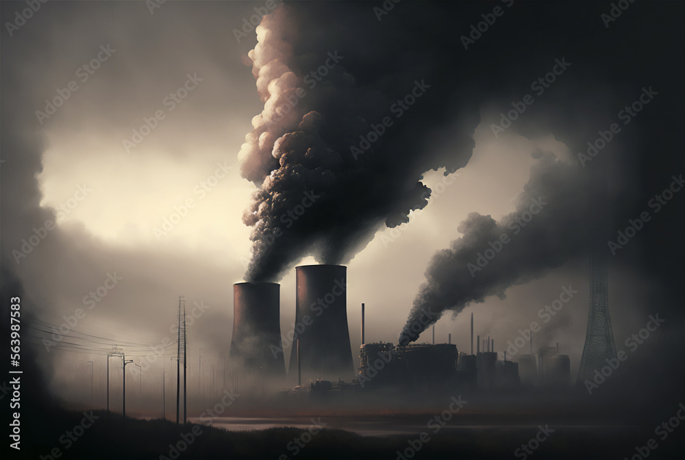 Heavy industry landscape with chimneys, smoke, pollution. Ecology concept. Generative AI