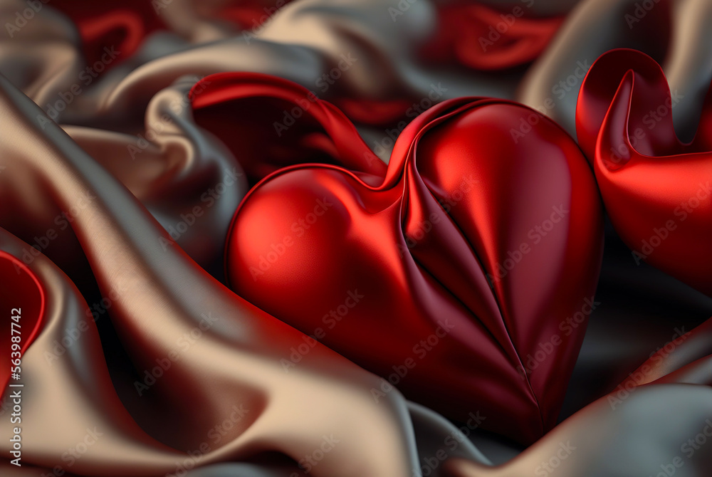 Red silk hearts background. Valentines Day card. Generative AI