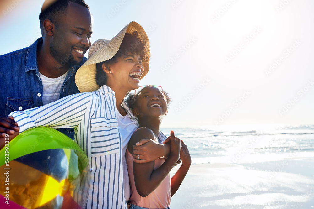 Black family, children or beach with a mother, father and daughter carrying a ball, walking on sand 