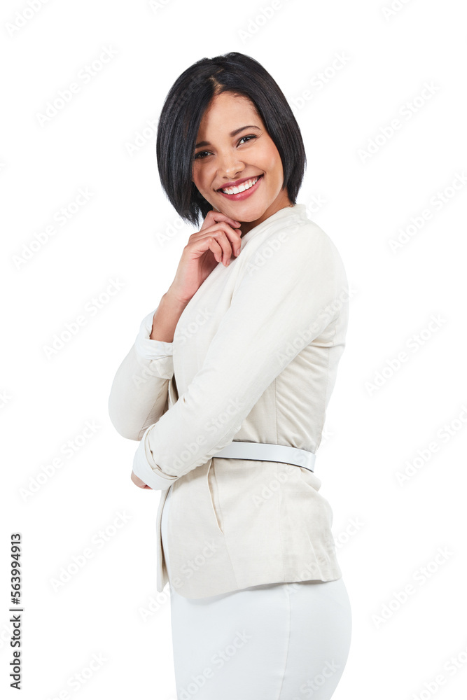 Happy, confident and portrait of a beautiful woman isolated on a white background in a studio. Smile