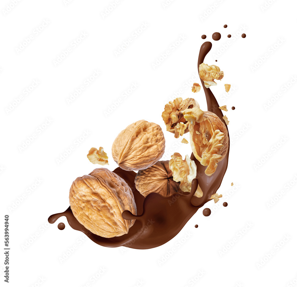 Crushed walnuts in chocolate splash isolated on a white background