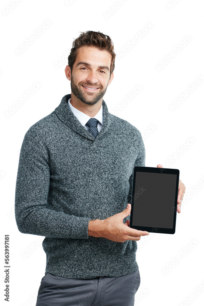 Smile, portrait or business man on tablet screen for internet research, social media or networking i