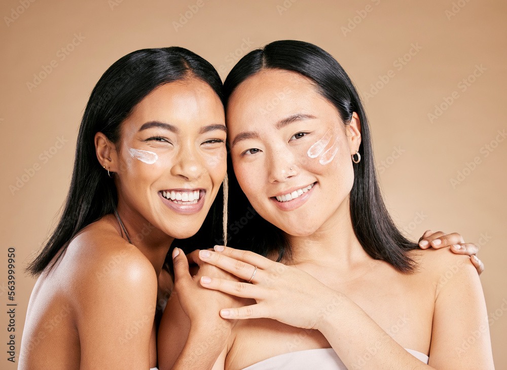 Portrait, cream and diversity with model woman friends in studio on a beige background for skincare.