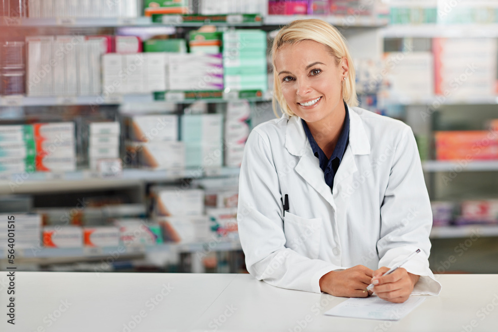 Pharmacist, happy portrait and medical worker ready for medical support, wellness and standing pharm