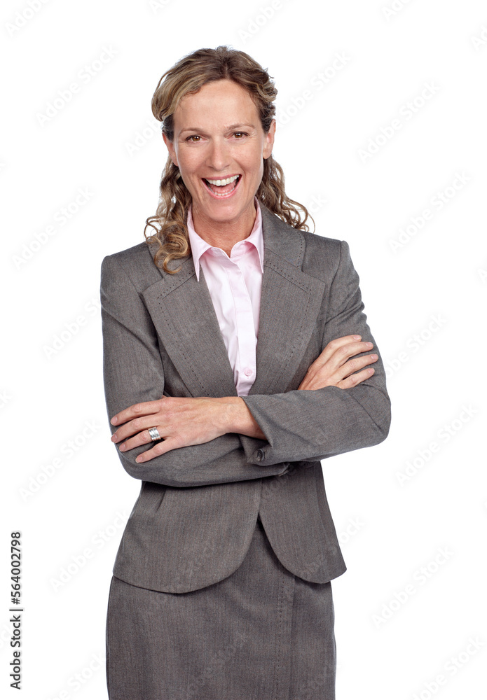 Portrait, smile and a business woman in studio isolated on a white background standing arms crossed.