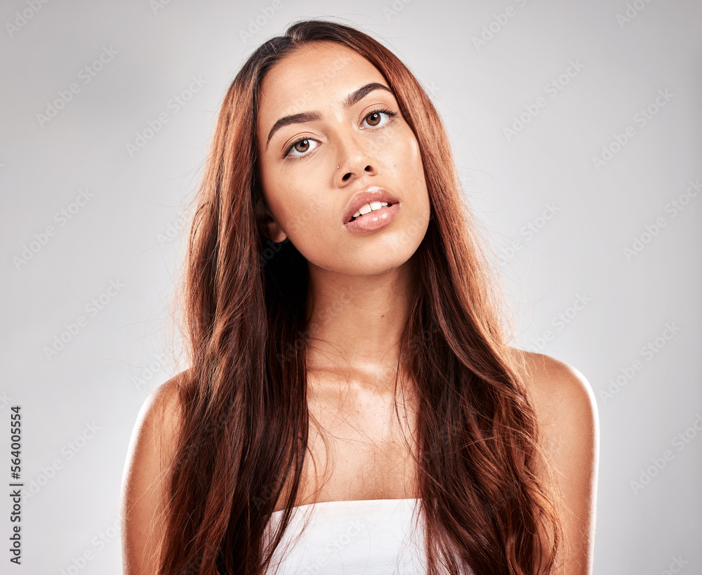 Face, woman and hair with skin in portrait, beauty and hair care with glow and shine isolated on stu