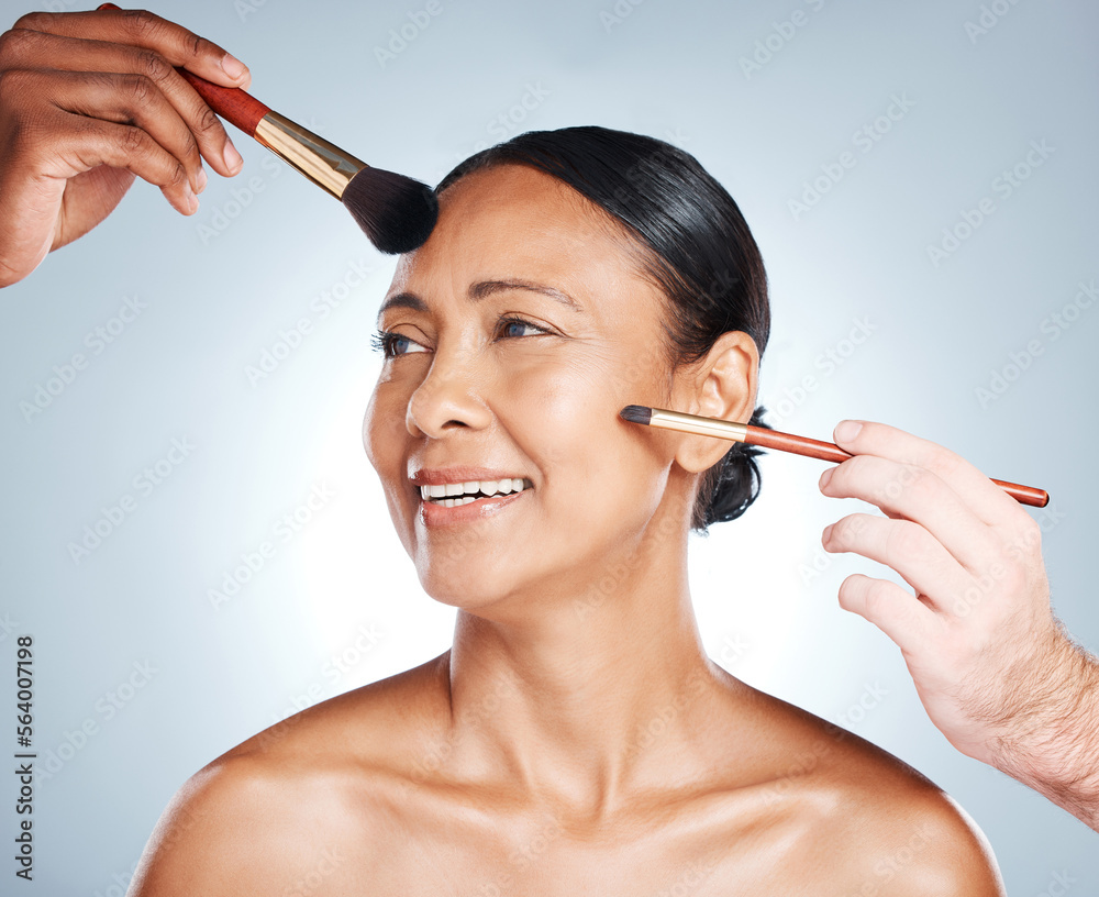 Woman, hands and smile for beauty makeup, cosmetics or facial treatment against a grey studio backgr