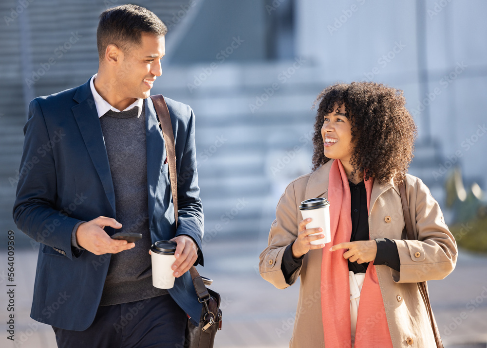 Talking, coffee break and happy business people walking, smile or on travel journey in urban New Yor