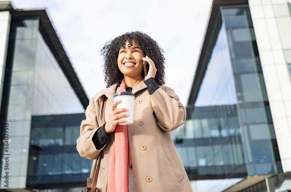 Phone call conversation, walking and happy black woman networking, talking and on 5g communication i