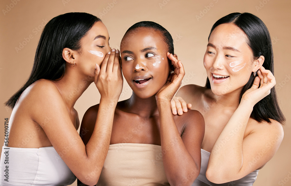 Beauty secret, skincare cream and diversity women friends whisper about inclusion advertising in stu