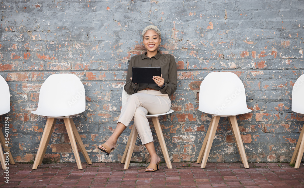 Recruitment, portrait and black woman tablet outside for job opportunity, hr and career success. Dig