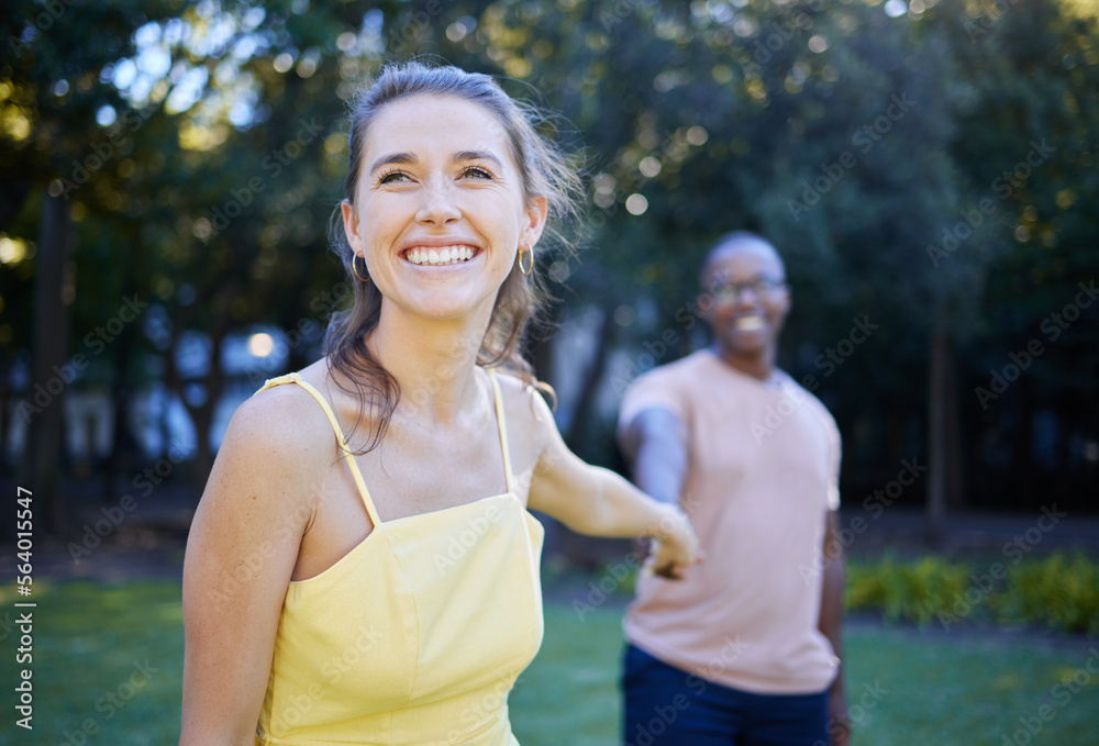 Interracial, couple holding hands and park with happiness, romance and bonding outdoor, love or rela