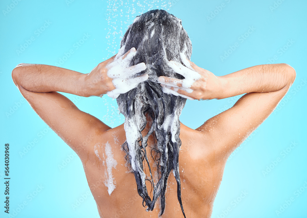 Shower, back and woman cleaning hair with shampoo, soap or hydration healthcare foam for healthy hai