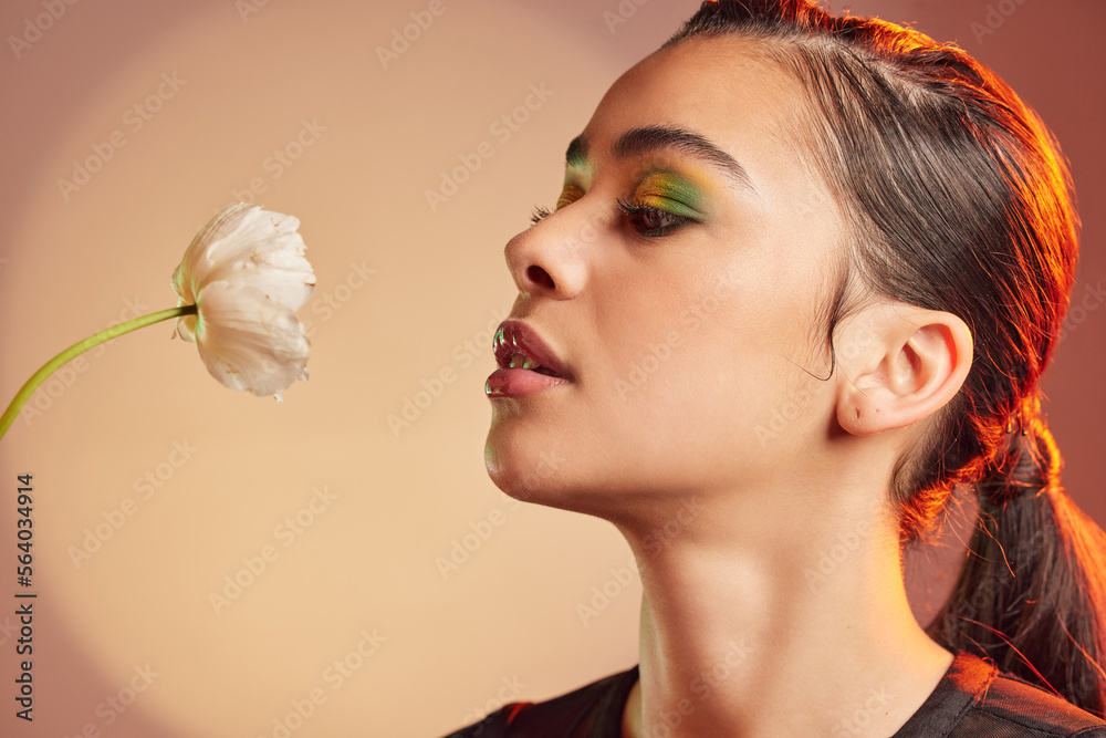 Makeup, beauty and profile of woman with flower for luxury cosmetics, skincare products and fashion.