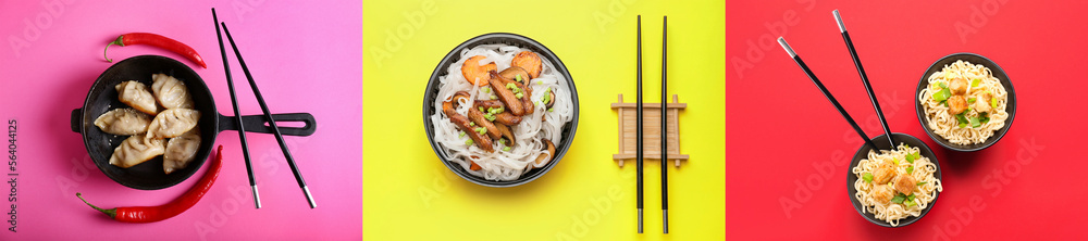 Group of tasty Chinese food on color background