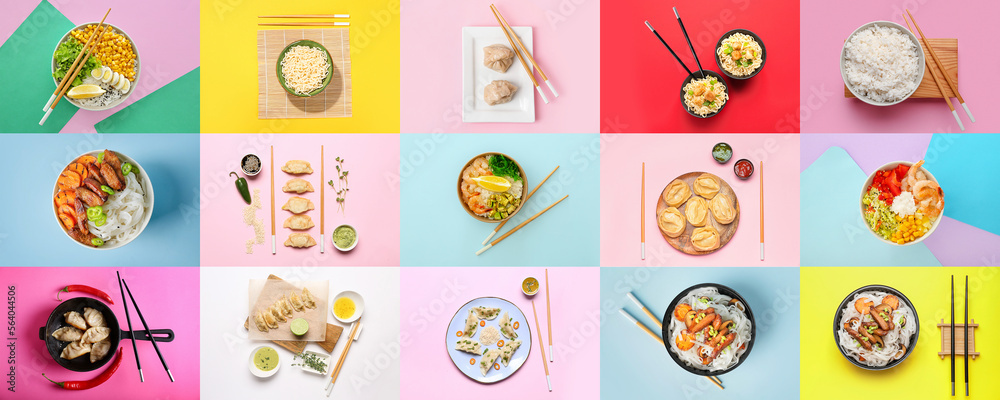 Collage of tasty Chinese dishes on color background