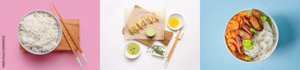 Collection of tasty Chinese dishes on color background