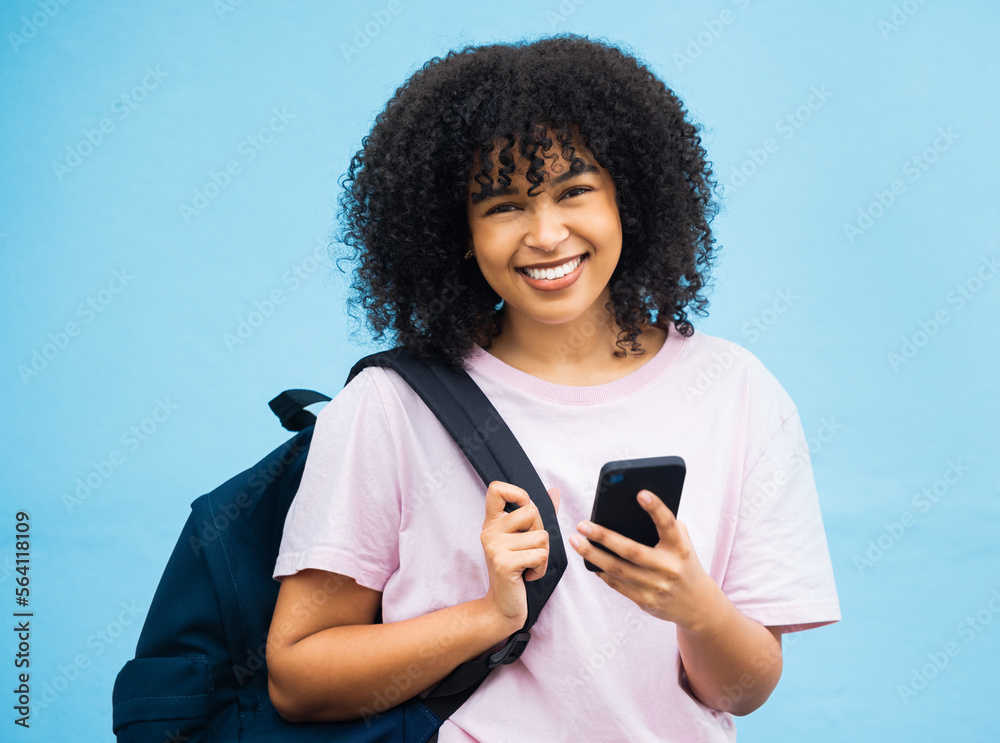 Portrait, student and black woman with bag, phone and tech on blue background. Happy girl, backpack 