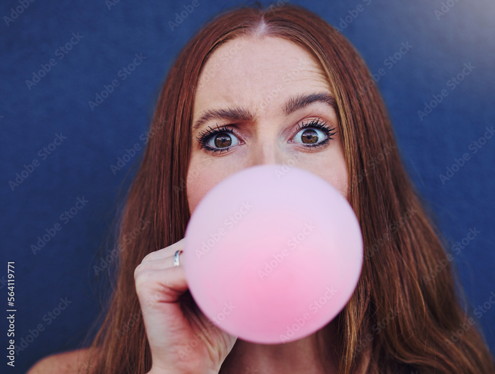 Closeup portrait, girl and bubblegum by wall, outdoor and urban adventure for funny, comic face and 