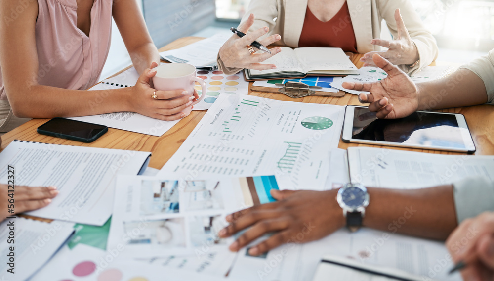 Hands, finance and accounting with a business team planning in collaboration for growth in an office