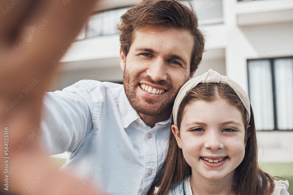 Relax, father and child love taking a selfie as a happy family in summer holidays in a house or back