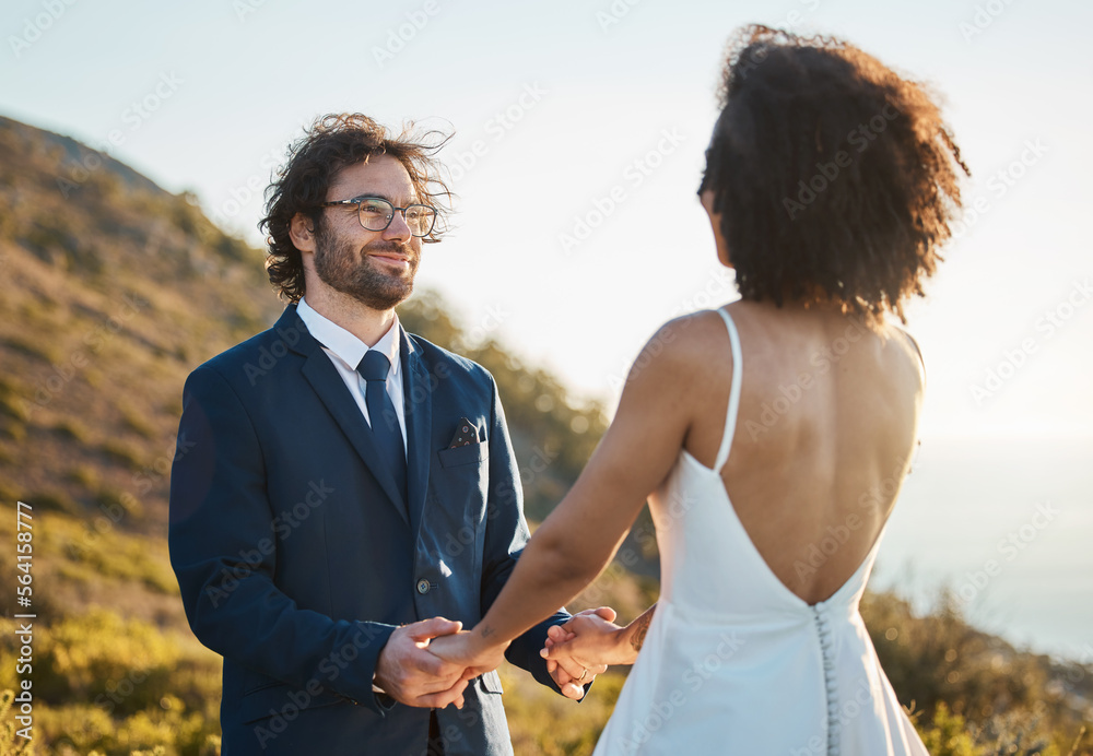 Bride, groom and wedding in nature by interracial couple, happy and excited for love, romance and re