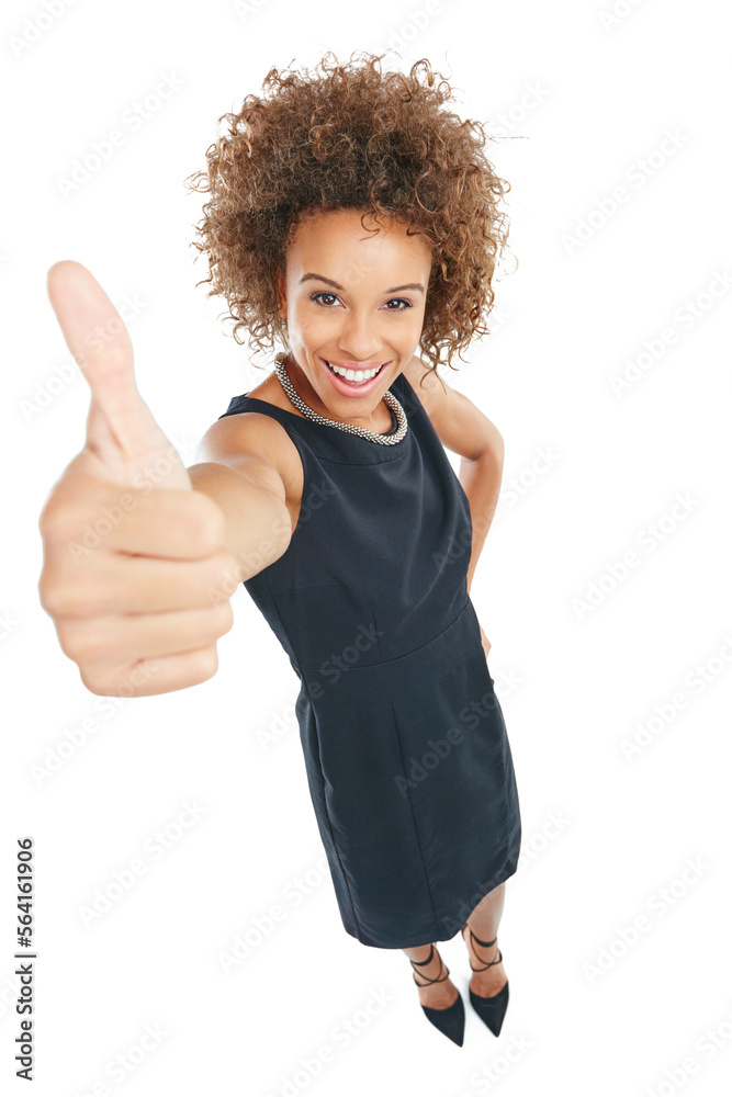 Success, leader and black woman thumbs up portrait with proud smile and vote in corporate style. Yes