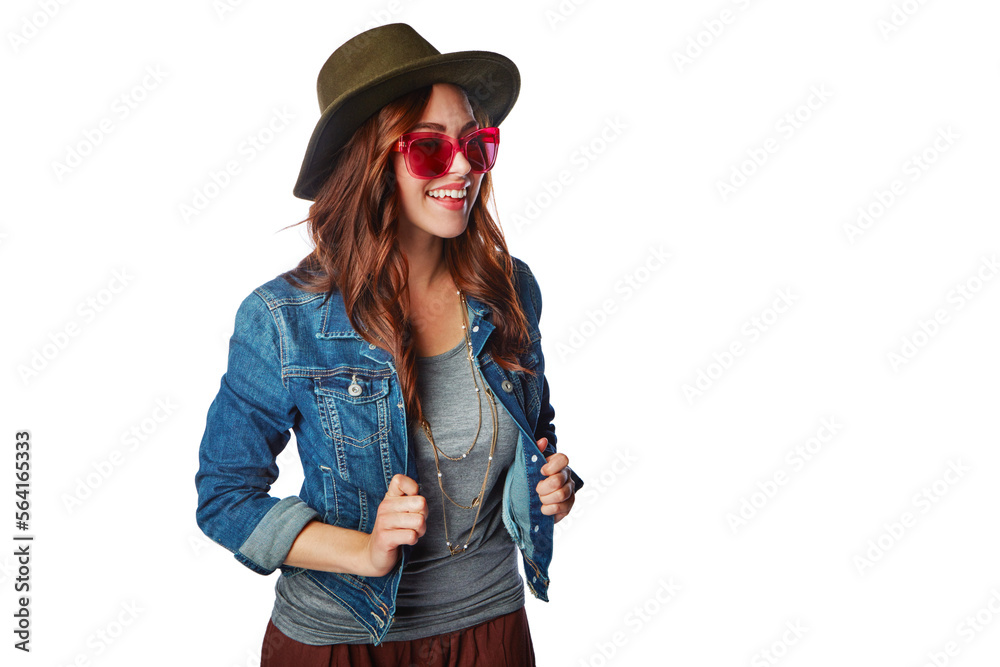 Sunglasses, happy and girl fashion with cool, gen z and youth style of people with smile in studio. 