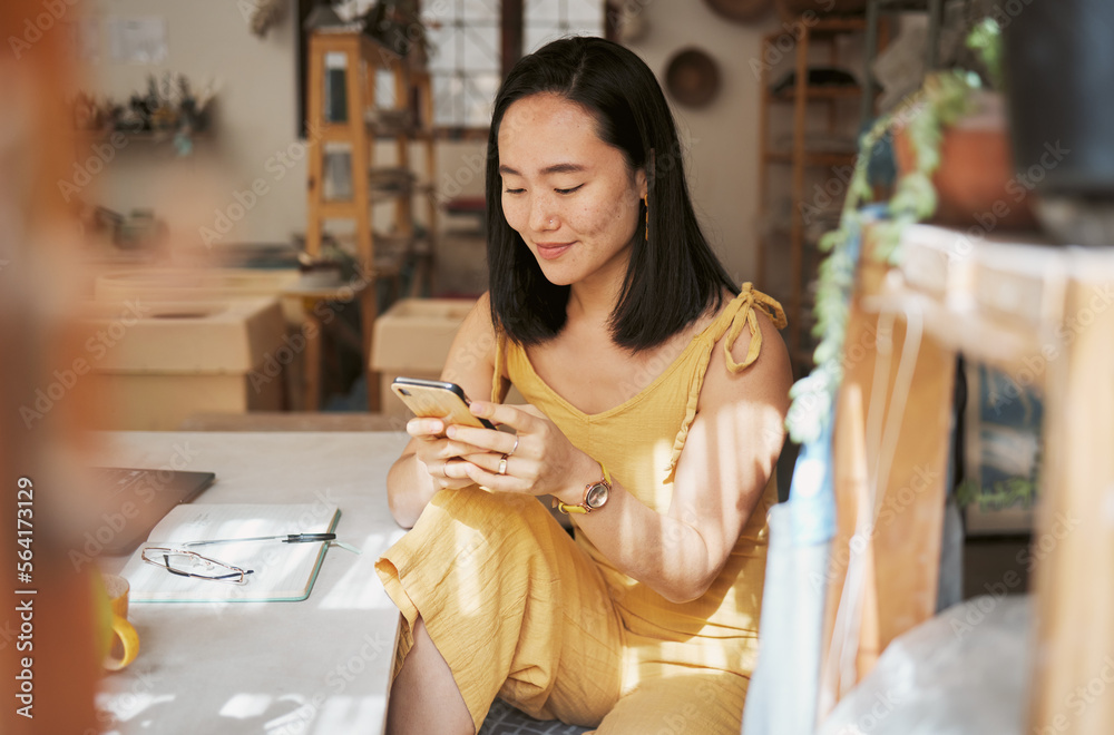 Phone, relax or Japanese woman on social media typing, texting or searching for online content on br