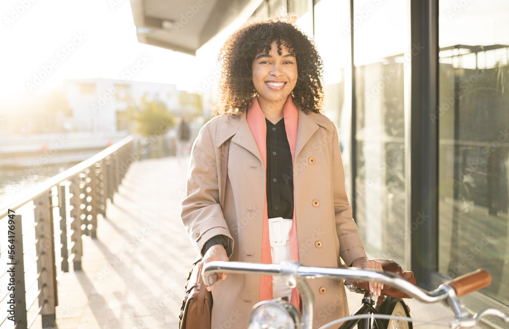 Bicycle travel, portrait or black woman cycling to work, career job or relax morning journey in San 