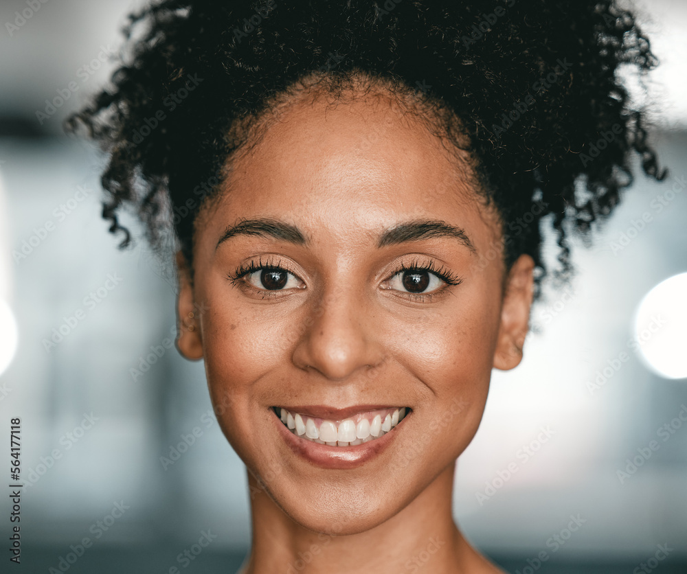 Black woman, face portrait and smile while happy with white teeth, makeup and cosmetics or natural b