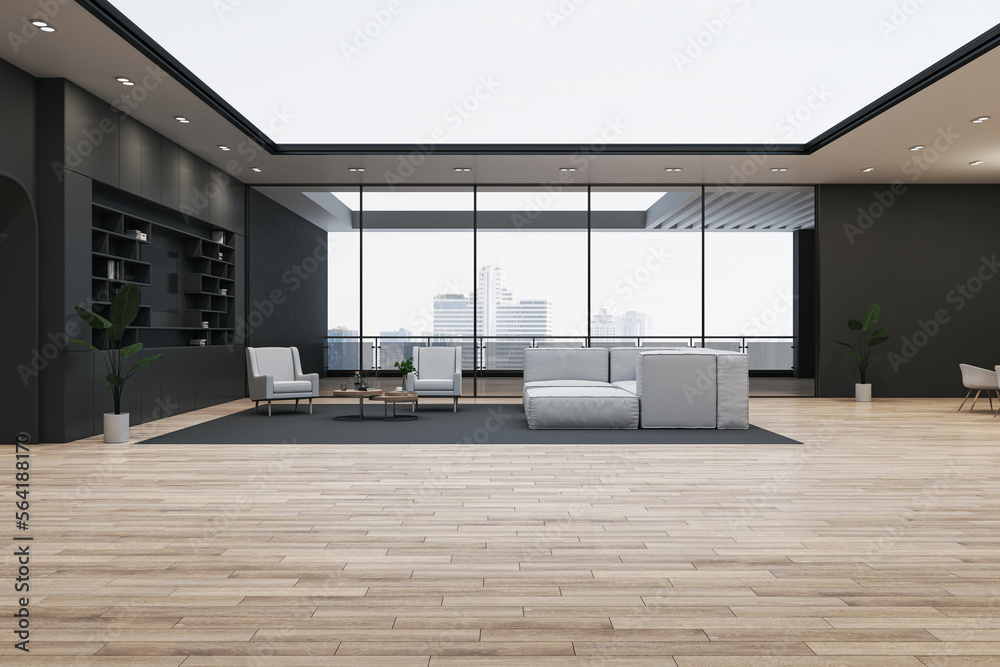 Modern spacious office interior with furniture, panoramic window with city view and wooden flooring.