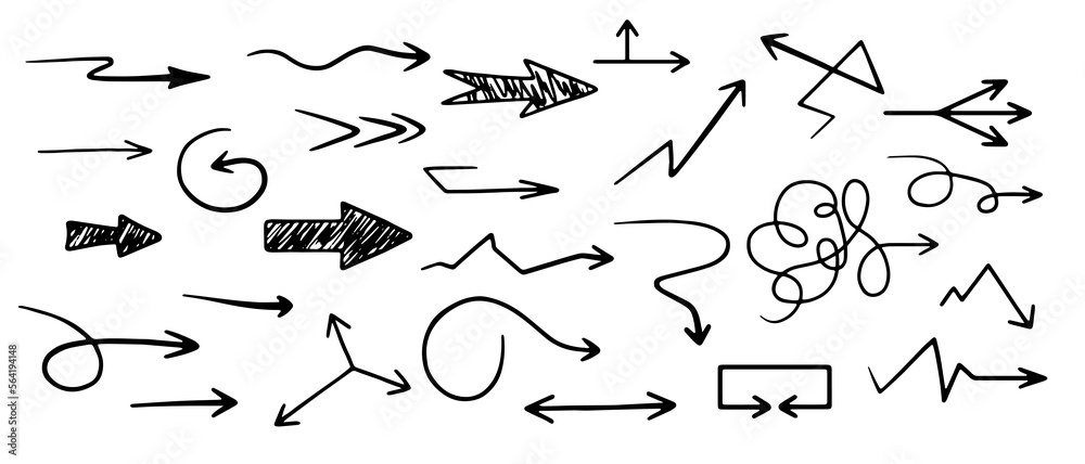 A set of hand-drawn arrows in doodle style. Pointers or cursors of different shapes and directions, 