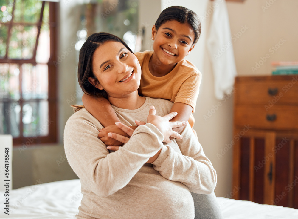 Hug, pregnant and portrait of mother and daughter in bedroom for relax, bonding and quality time. He